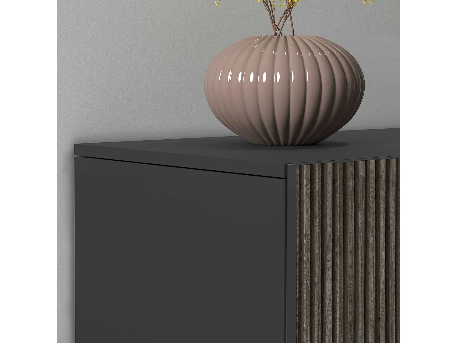 Buffet Coste à 4 portes effet cannelé couleur anthracite mat et bois foncé 200x43x86 cm