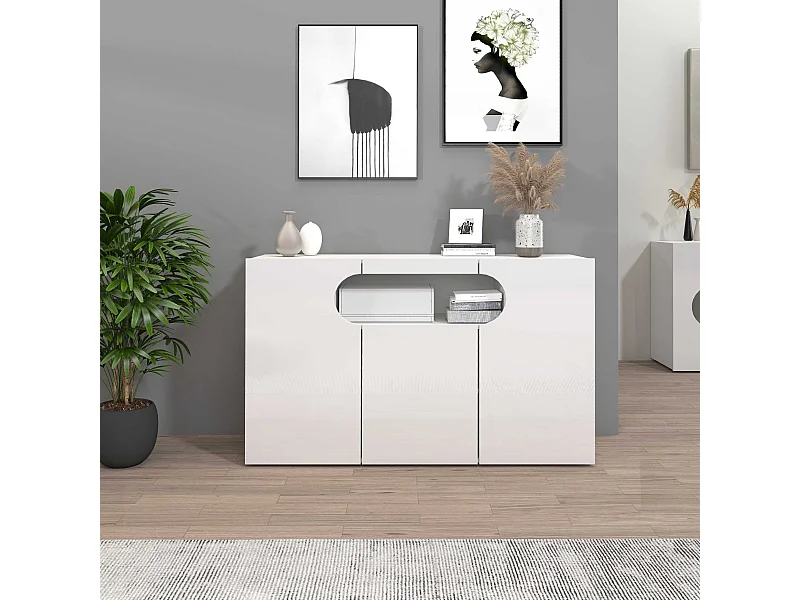 Credenza Real a 3 ante e 1 vano aperto bianco lucido 130x40x80cm