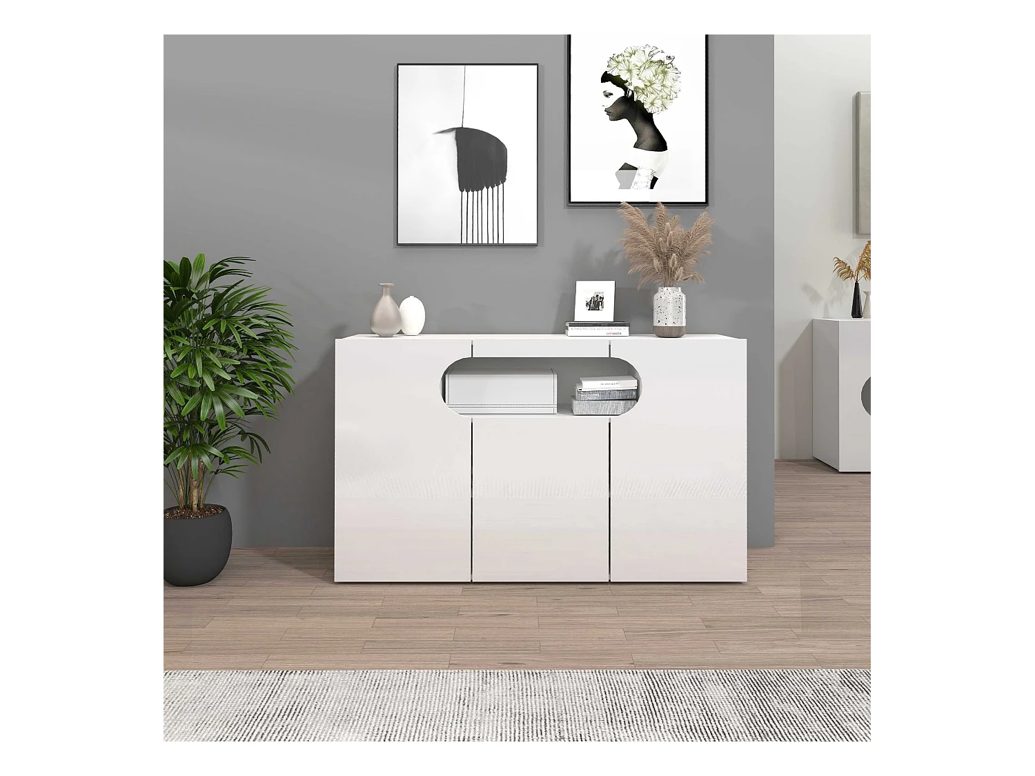 Credenza Real a 3 ante e 1 vano aperto bianco lucido 130x40x80cm
