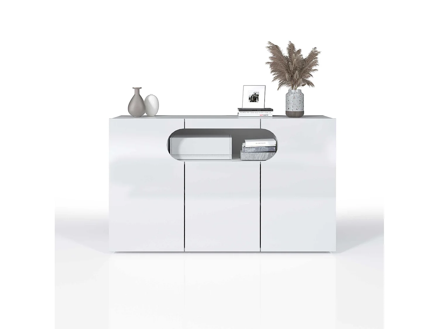 Credenza Real a 3 ante e 1 vano aperto bianco lucido 130x40x80cm