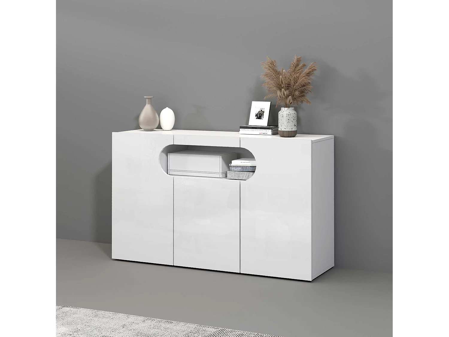 Credenza Real a 3 ante e 1 vano aperto bianco lucido 130x40x80cm