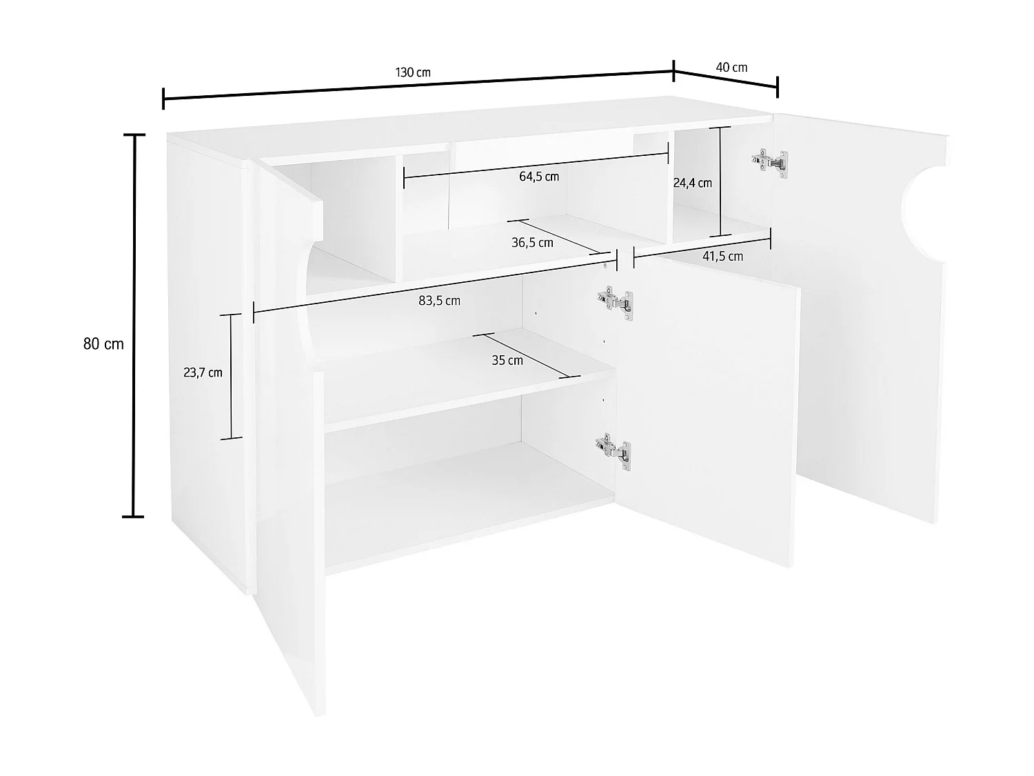 Credenza Real a 3 ante e 1 vano aperto bianco lucido 130x40x80cm