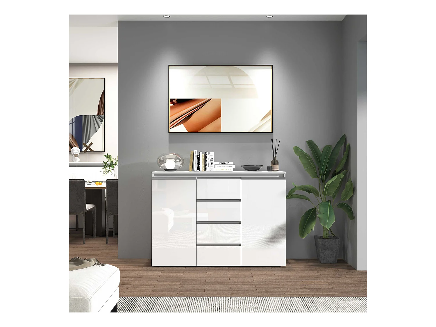 Credenza a cassettiera Magic 2 ante e 4 cassetti bianco lucido 120x40x105 cm