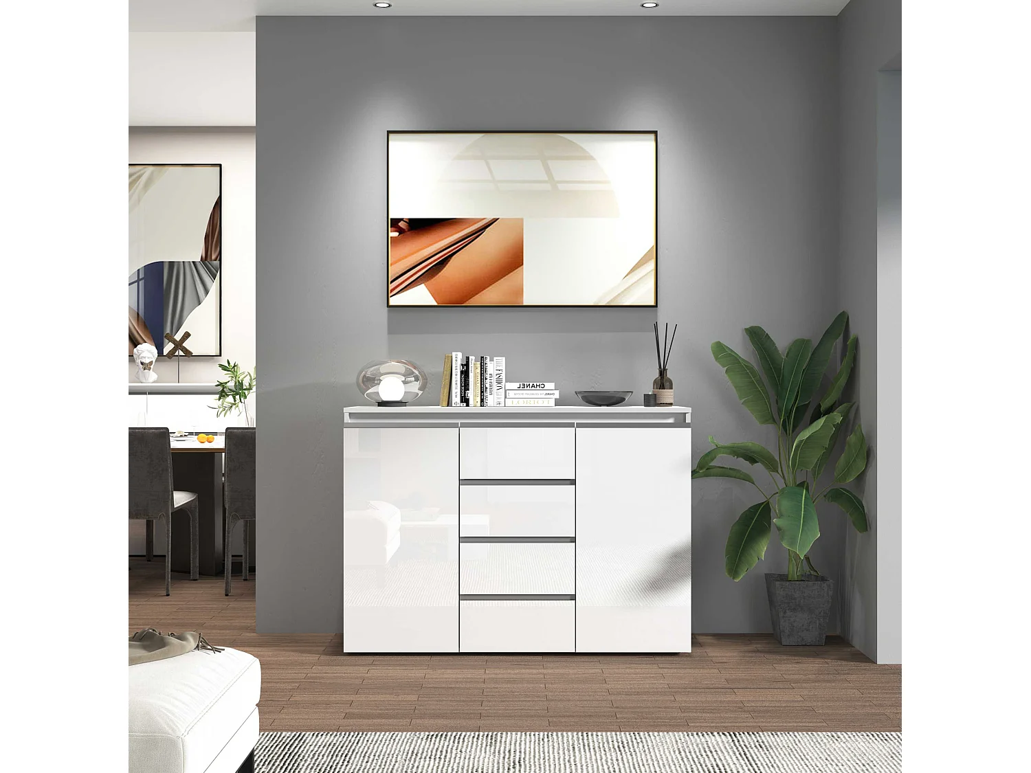 Credenza a cassettiera Magic 2 ante e 4 cassetti bianco lucido 120x40x105 cm