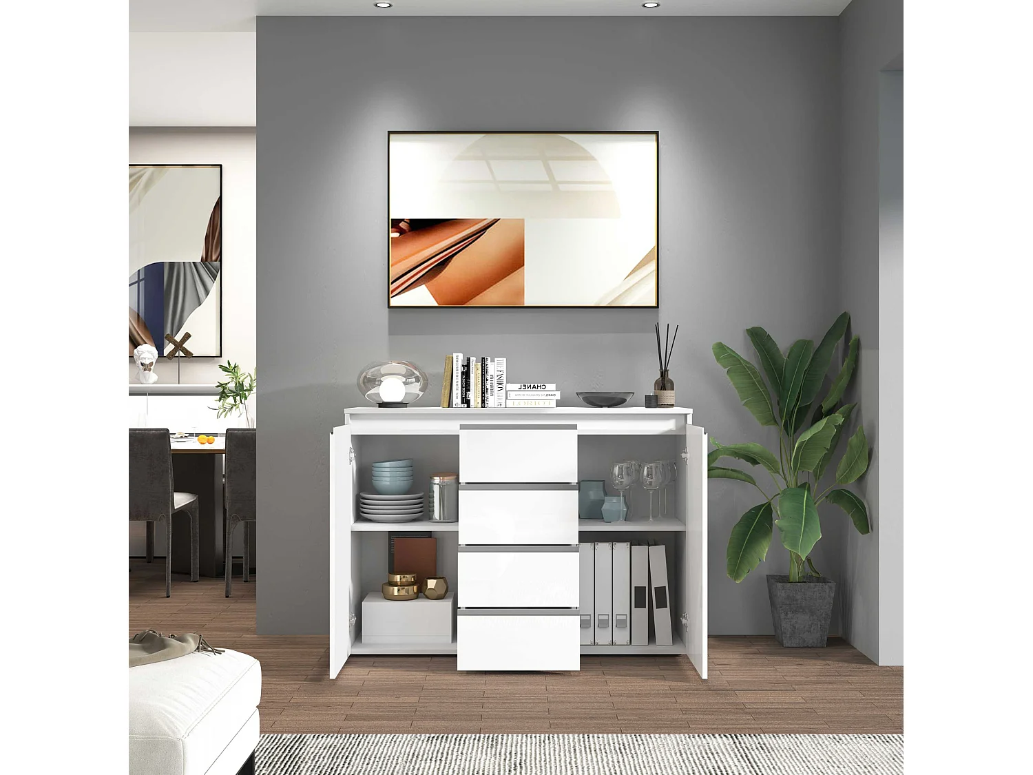 Credenza a cassettiera Magic 2 ante e 4 cassetti bianco lucido 120x40x105 cm