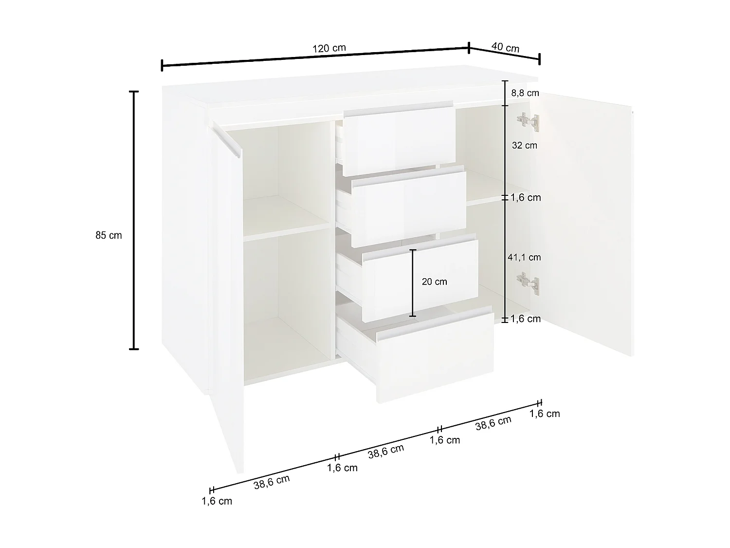 Credenza a cassettiera Magic 2 ante e 4 cassetti bianco lucido 120x40x105 cm