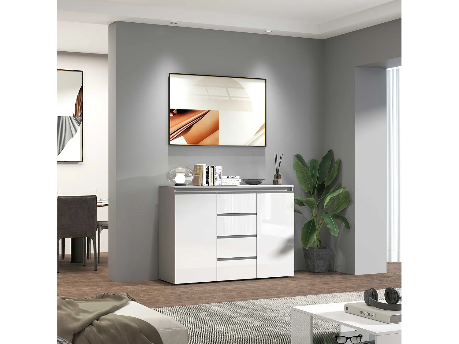 Credenza a cassettiera Magic 2 ante e 4 cassetti bianco lucido 120x40x105 cm