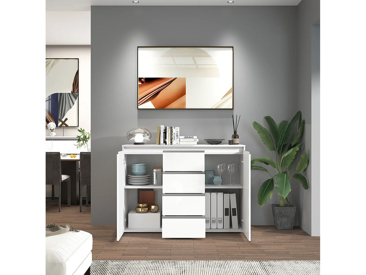 Credenza a cassettiera Magic 2 ante e 4 cassetti bianco lucido 120x40x105 cm