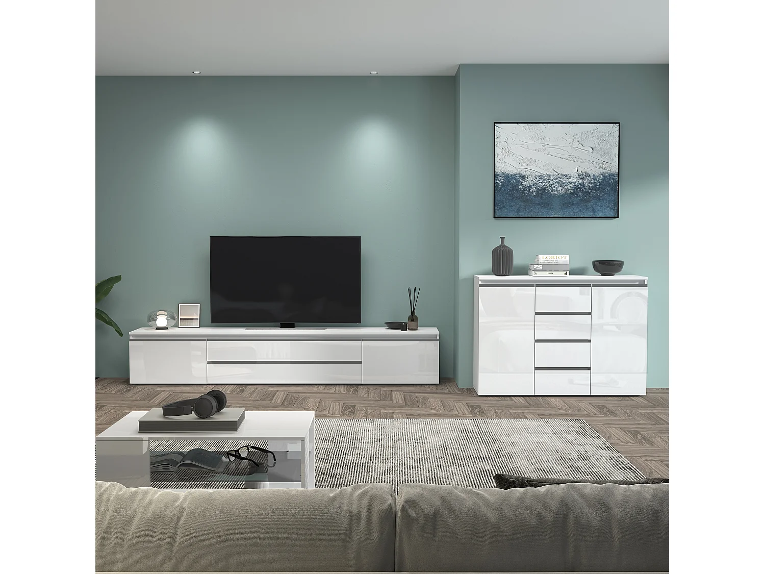 Credenza a cassettiera Magic 2 ante e 4 cassetti bianco lucido 120x40x105 cm