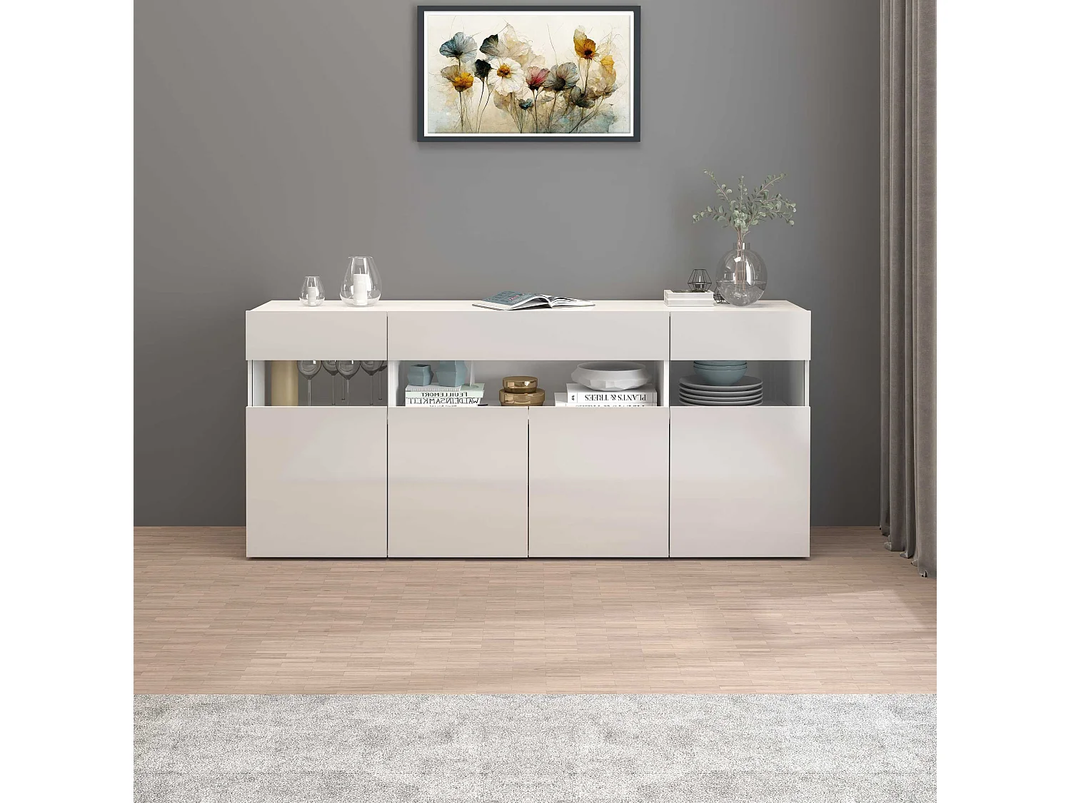 Credenza Potenza con 4 ante e 1 cassetto bianco lucido 173x40x81,5 cm