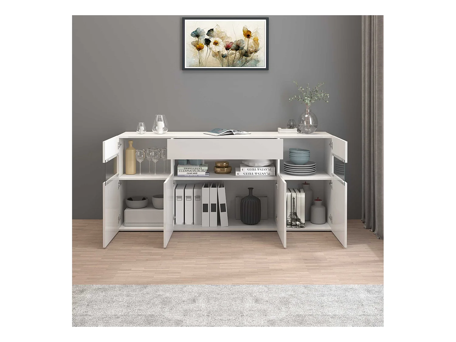 Credenza Potenza con 4 ante e 1 cassetto bianco lucido 173x40x81,5 cm