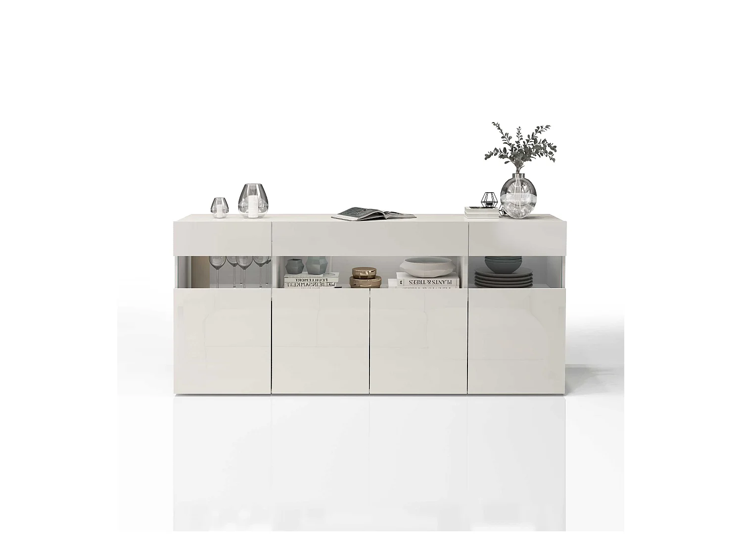 Credenza Potenza con 4 ante e 1 cassetto bianco lucido 173x40x81,5 cm