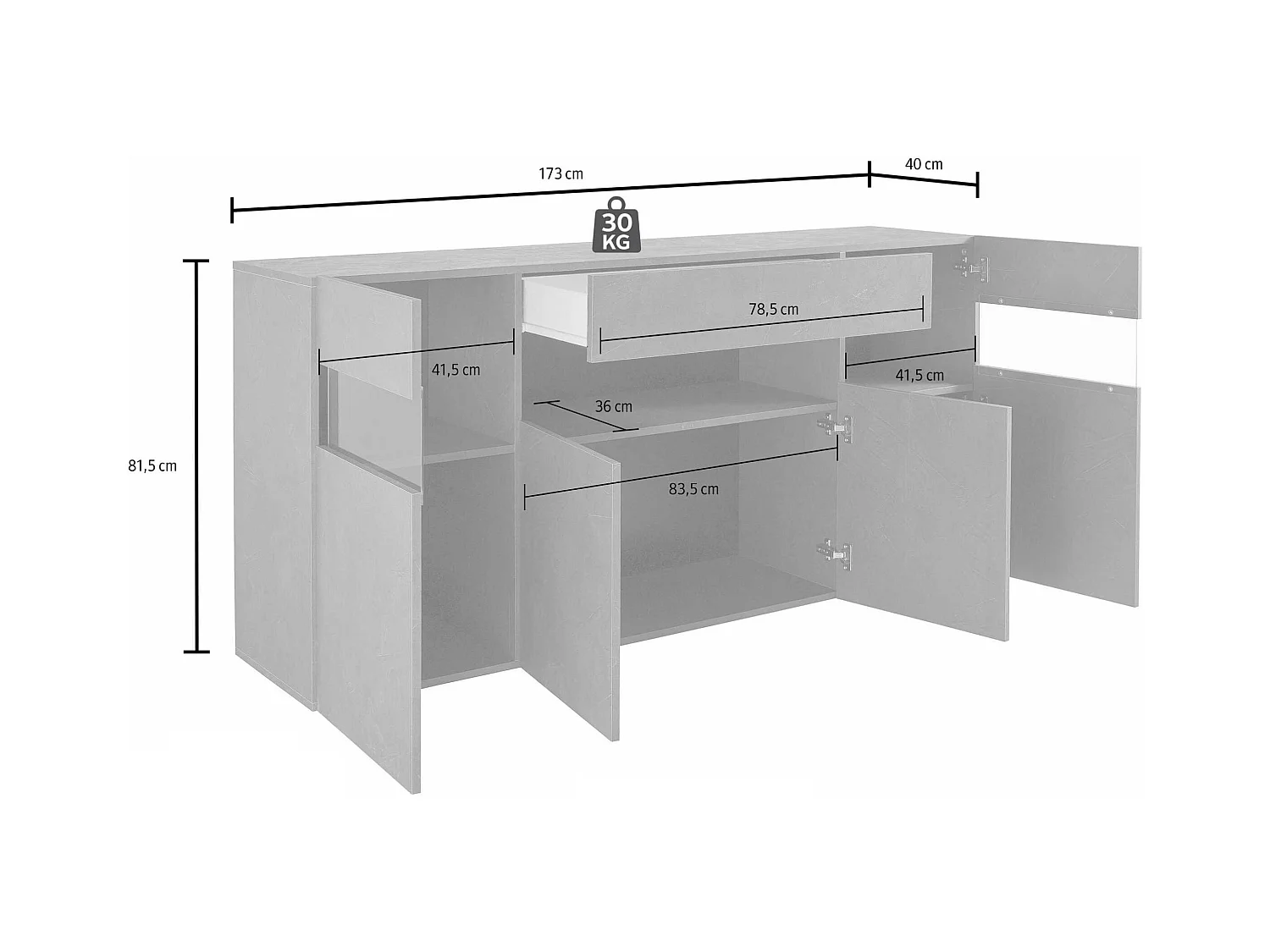 Credenza Potenza con 4 ante e 1 cassetto bianco lucido 173x40x81,5 cm