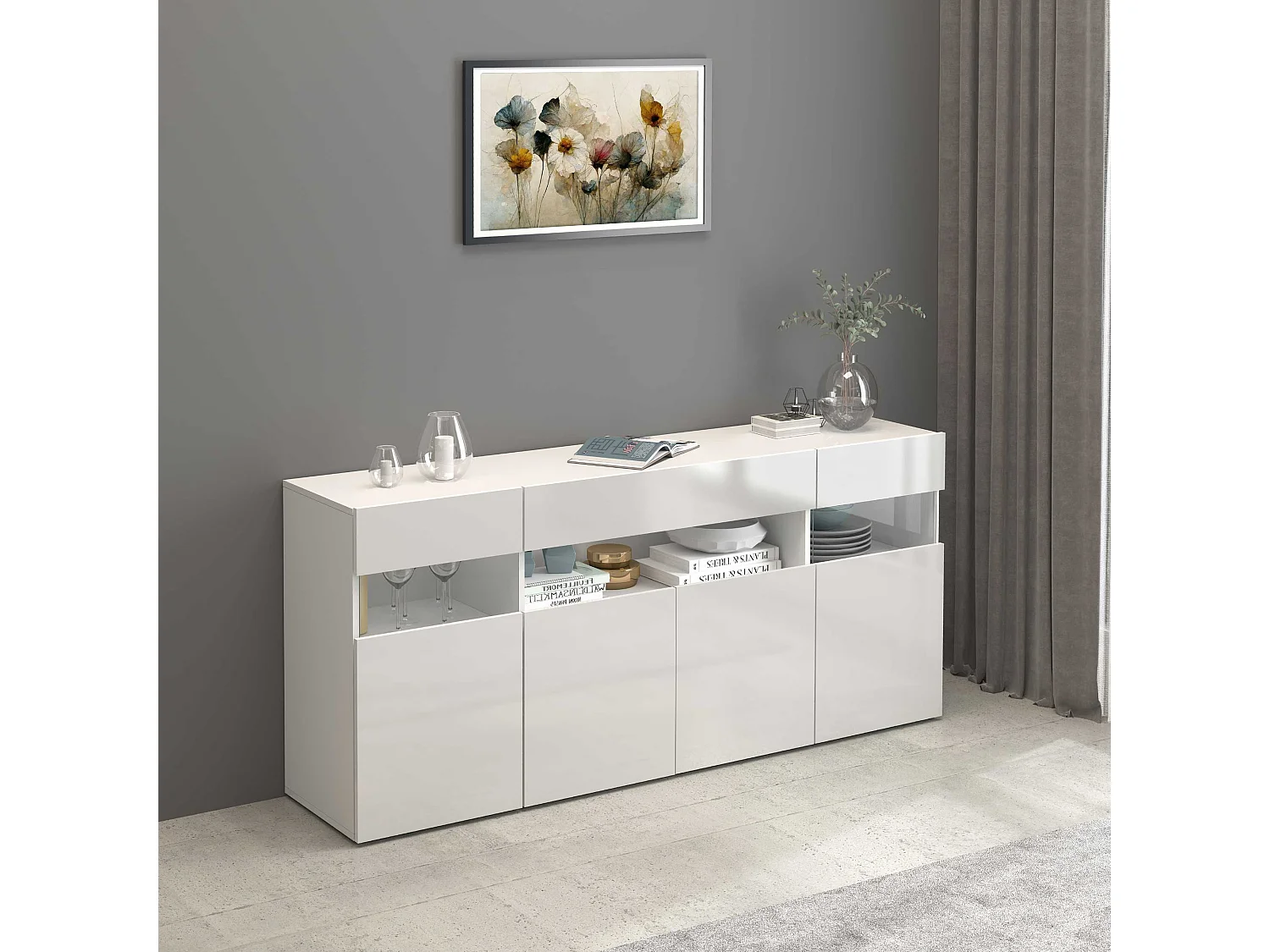 Credenza Potenza con 4 ante e 1 cassetto bianco lucido 173x40x81,5 cm