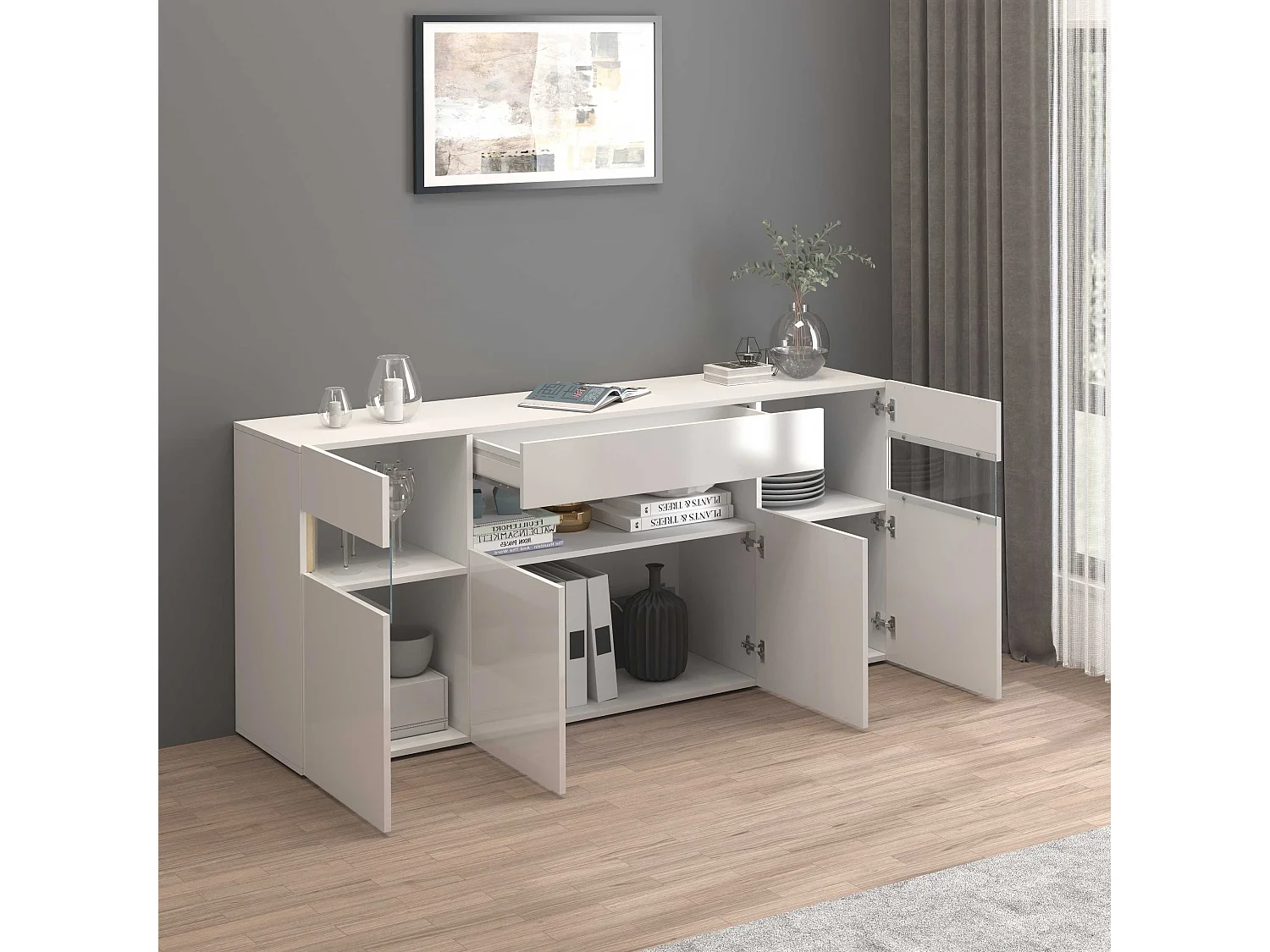 Credenza Potenza con 4 ante e 1 cassetto bianco lucido 173x40x81,5 cm