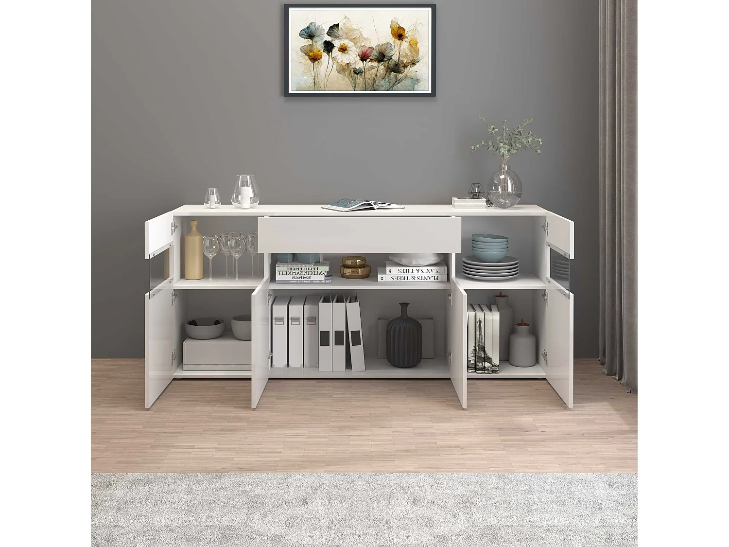 Credenza Potenza con 4 ante e 1 cassetto bianco lucido 173x40x81,5 cm