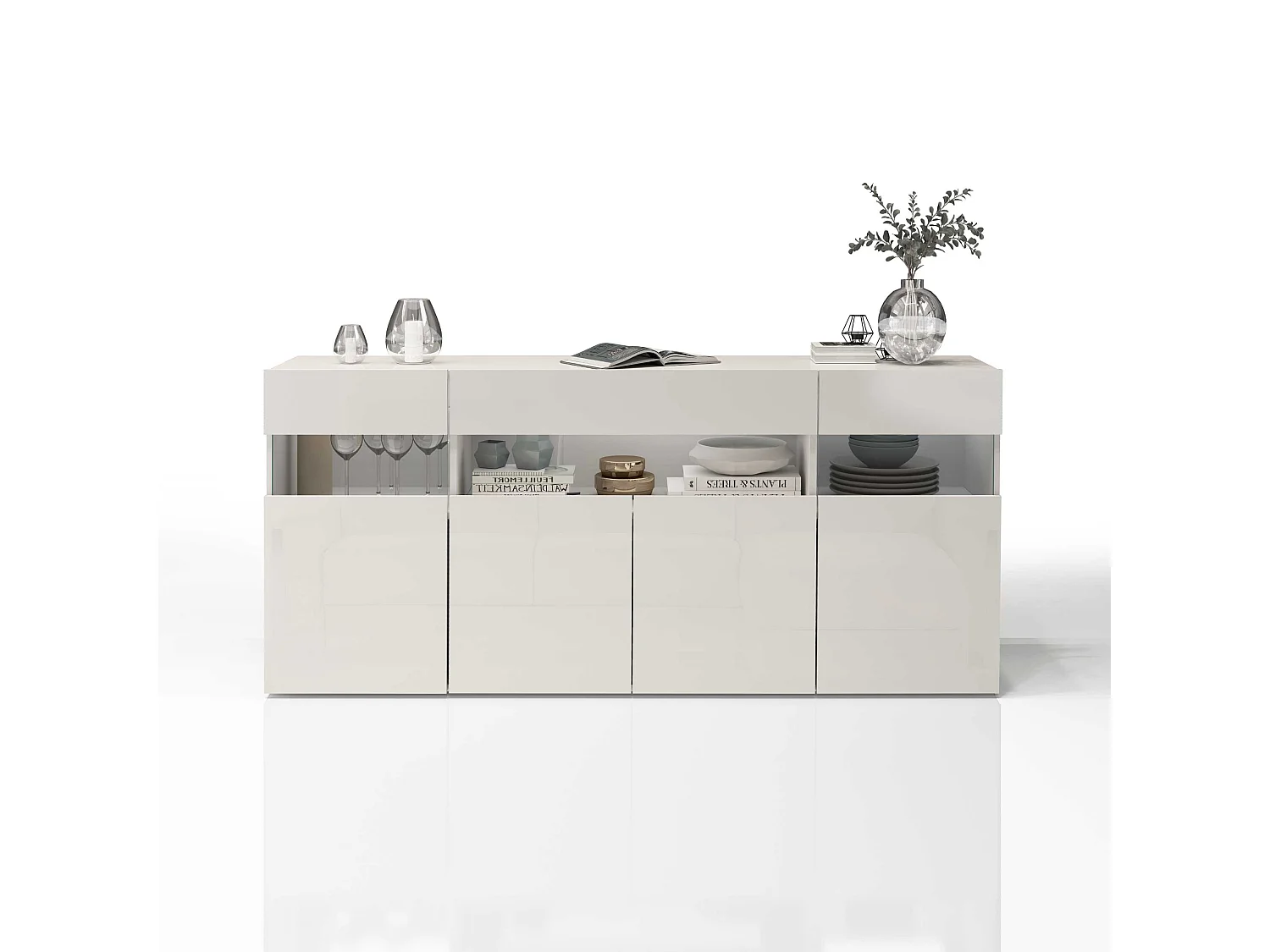 Credenza Potenza con 4 ante e 1 cassetto bianco lucido 173x40x81,5 cm