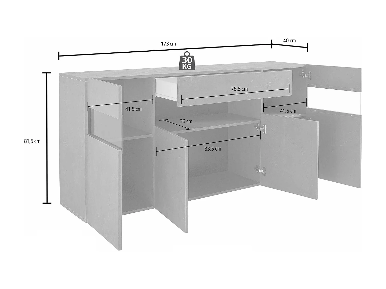 Credenza Potenza con 4 ante e 1 cassetto bianco lucido 173x40x81,5 cm