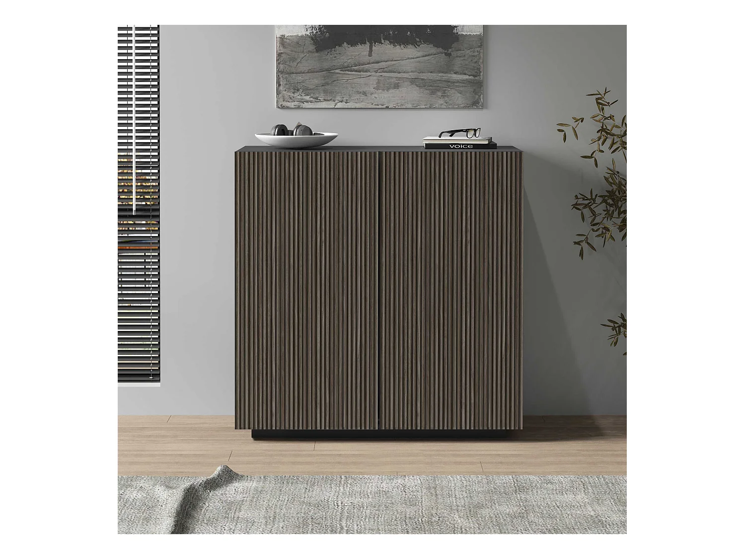 Credenza Coste a 2 ante effetto cannetè antracite opaco e legno scuro 120x43x126 cm