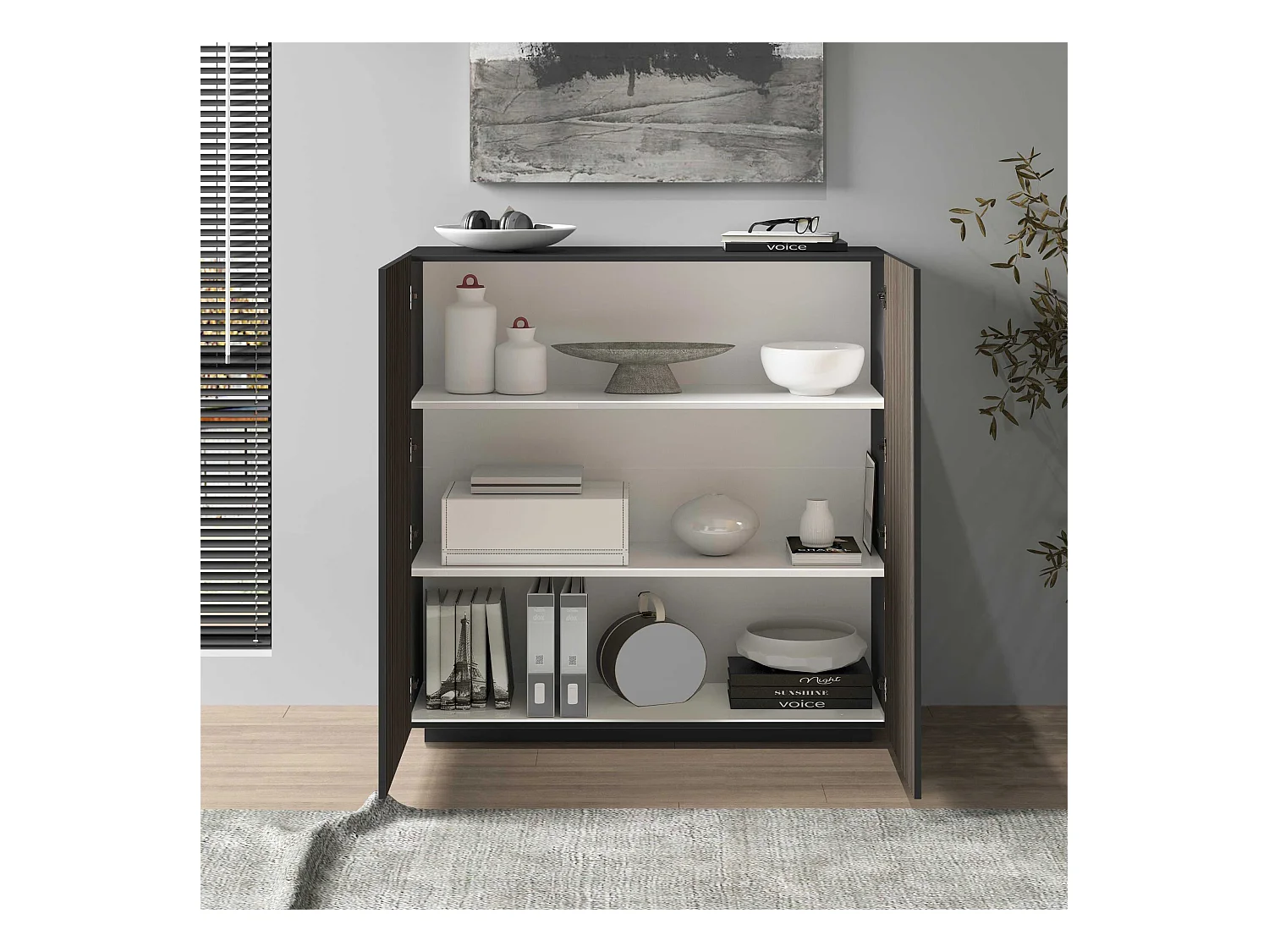 Credenza Coste a 2 ante effetto cannetè antracite opaco e legno scuro 120x43x126 cm