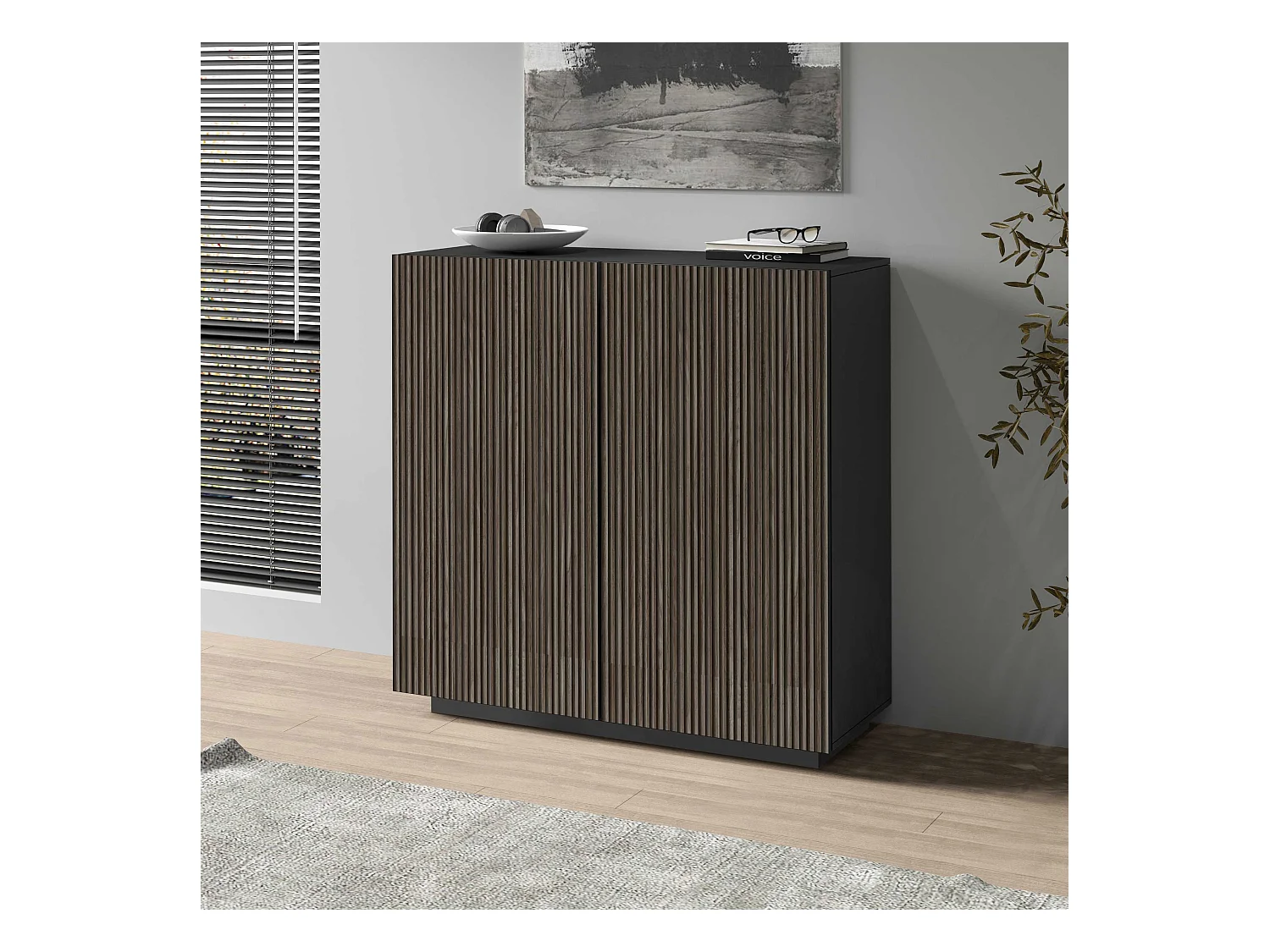 Credenza Coste a 2 ante effetto cannetè antracite opaco e legno scuro 120x43x126 cm