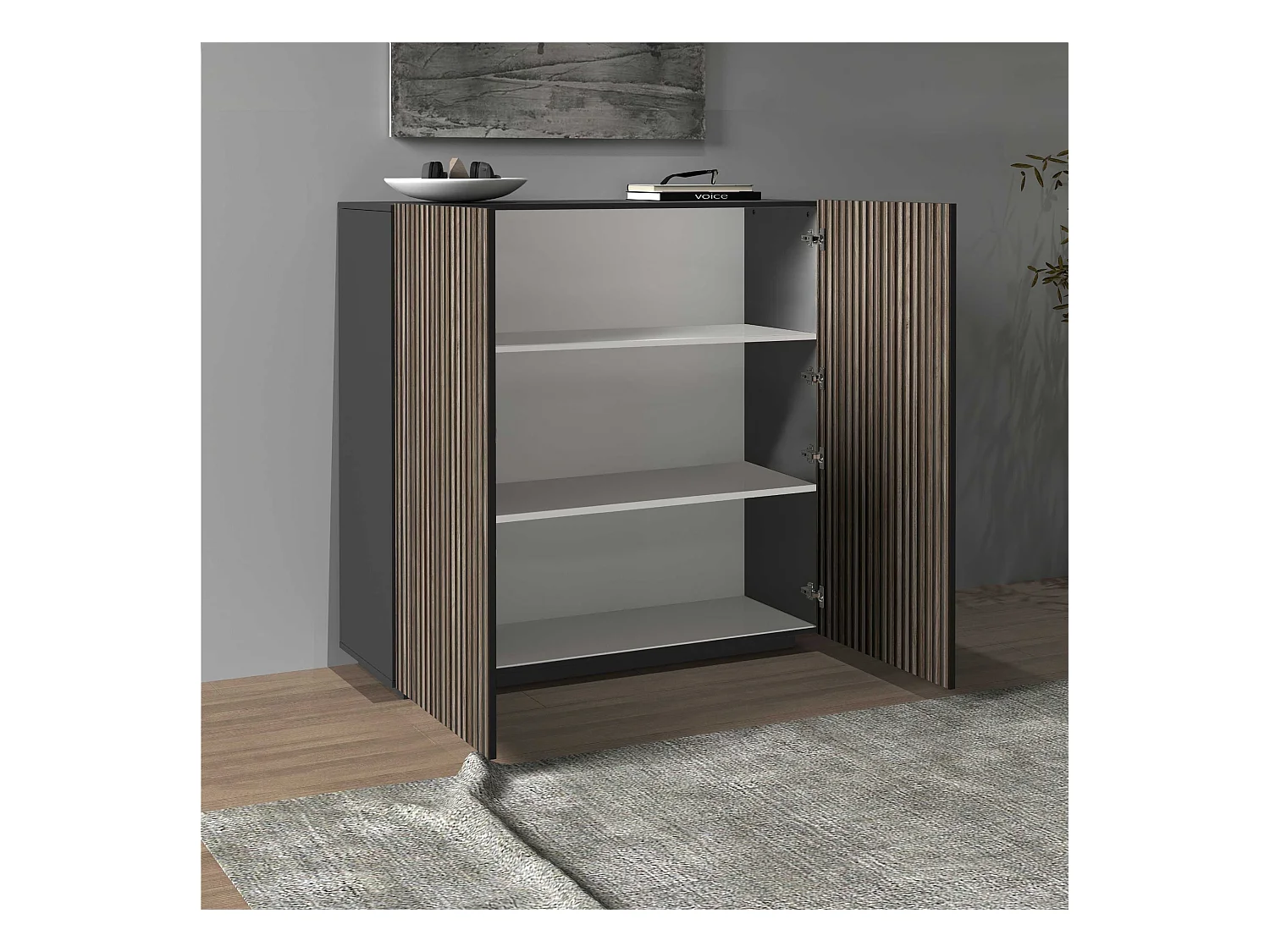 Credenza Coste a 2 ante effetto cannetè antracite opaco e legno scuro 120x43x126 cm