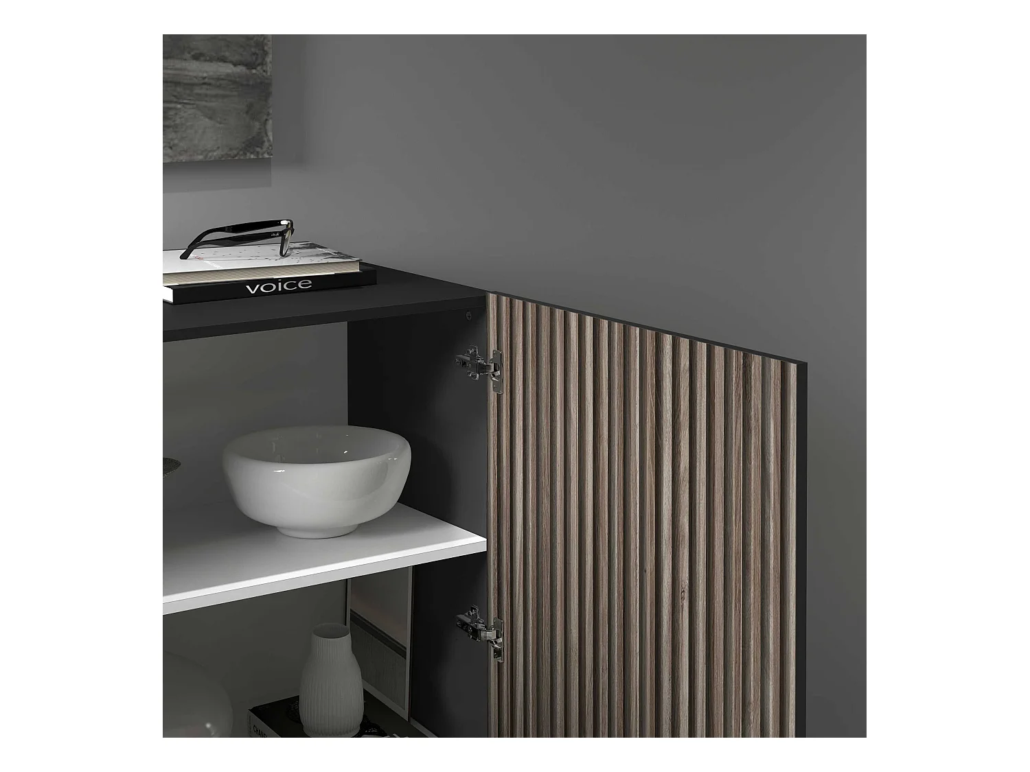 Credenza Coste a 2 ante effetto cannetè antracite opaco e legno scuro 120x43x126 cm