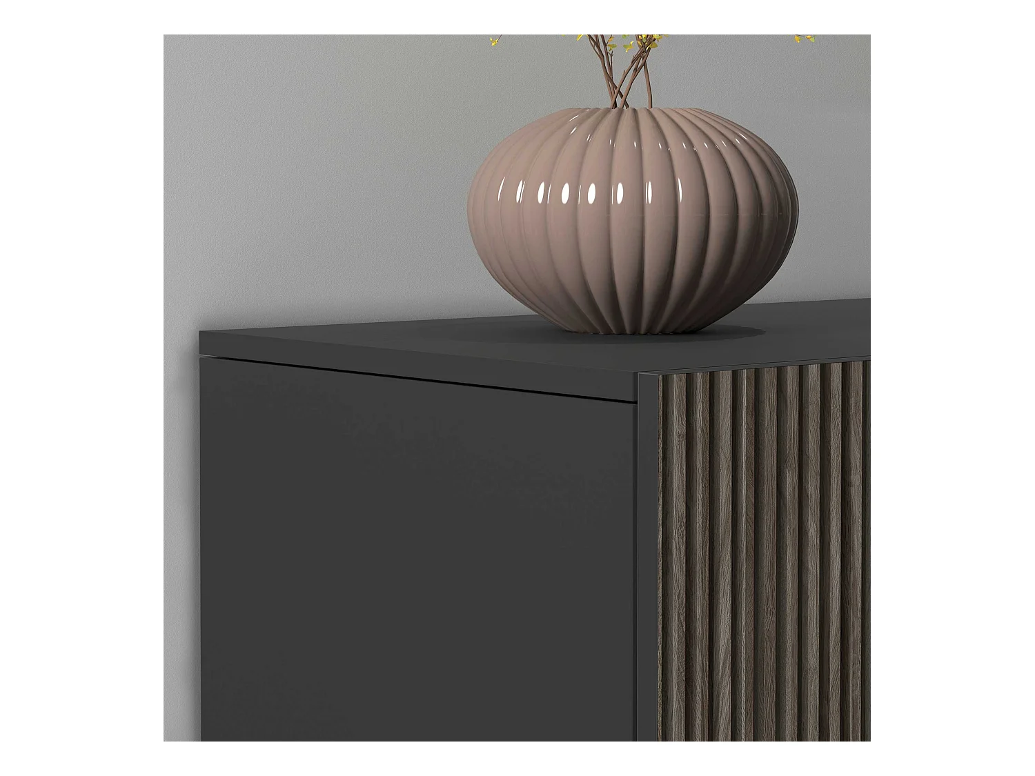 Credenza Coste a 2 ante effetto cannetè antracite opaco e legno scuro 120x43x126 cm