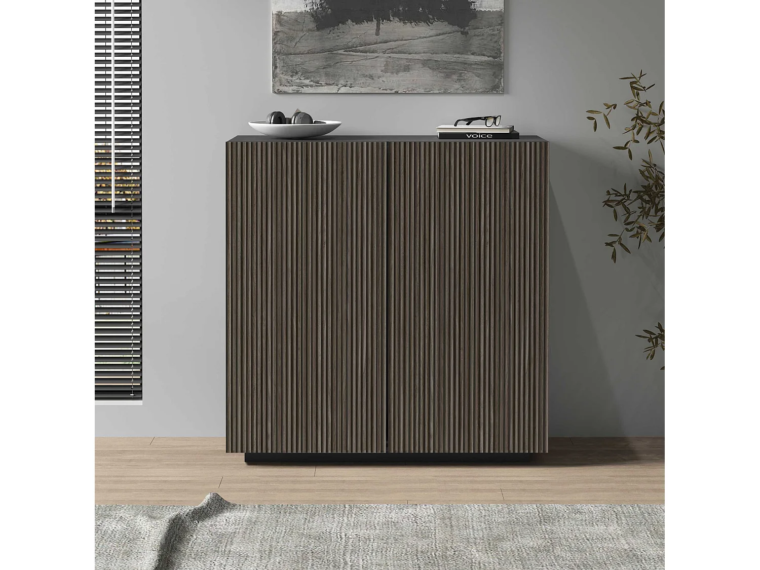 Credenza Coste a 2 ante effetto cannetè antracite opaco e legno scuro 120x43x126 cm