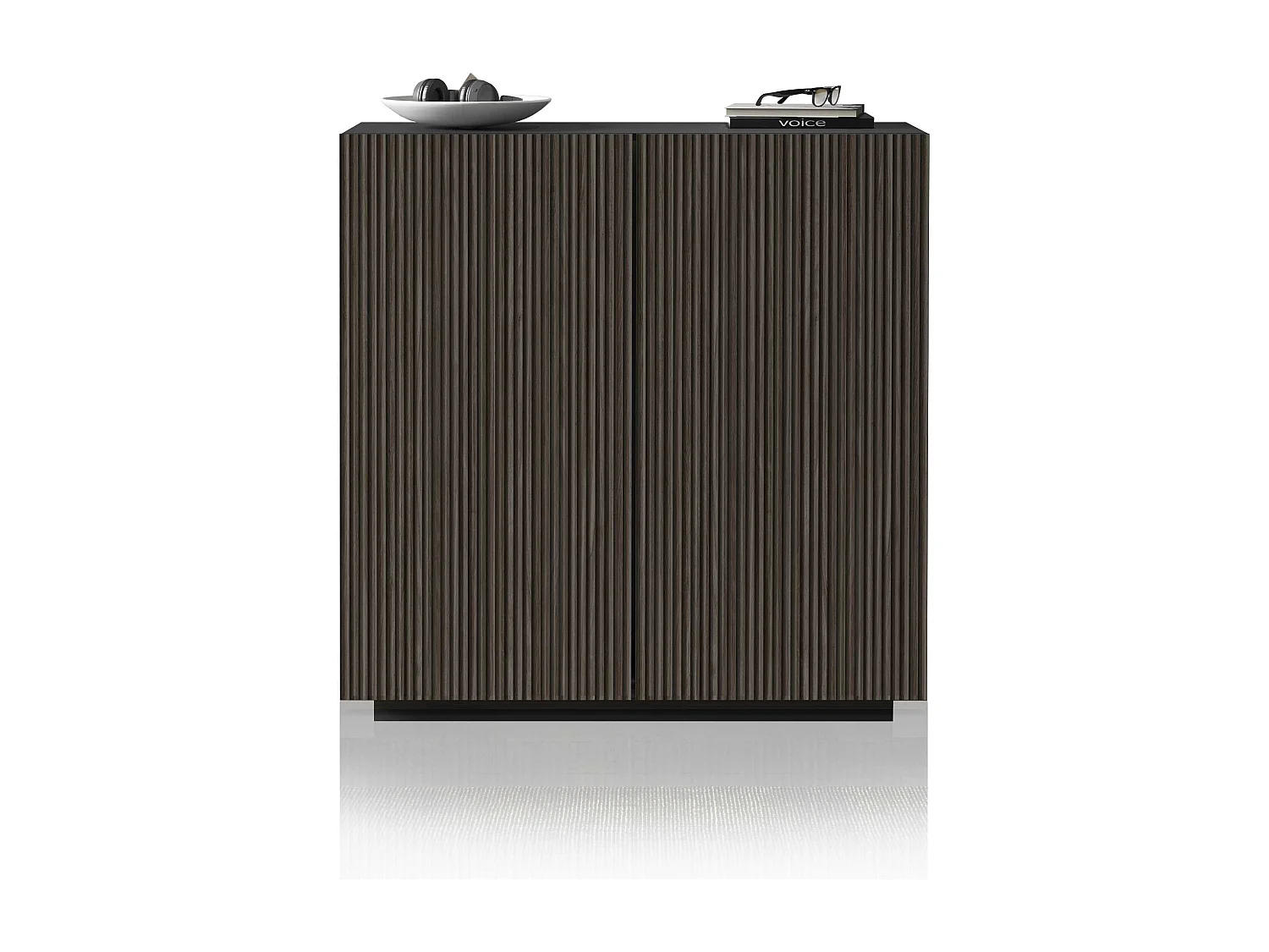 Buffet Coste à 2 portes effet cannelé couleur anthracite mat et bois foncé 120x43x126 cm