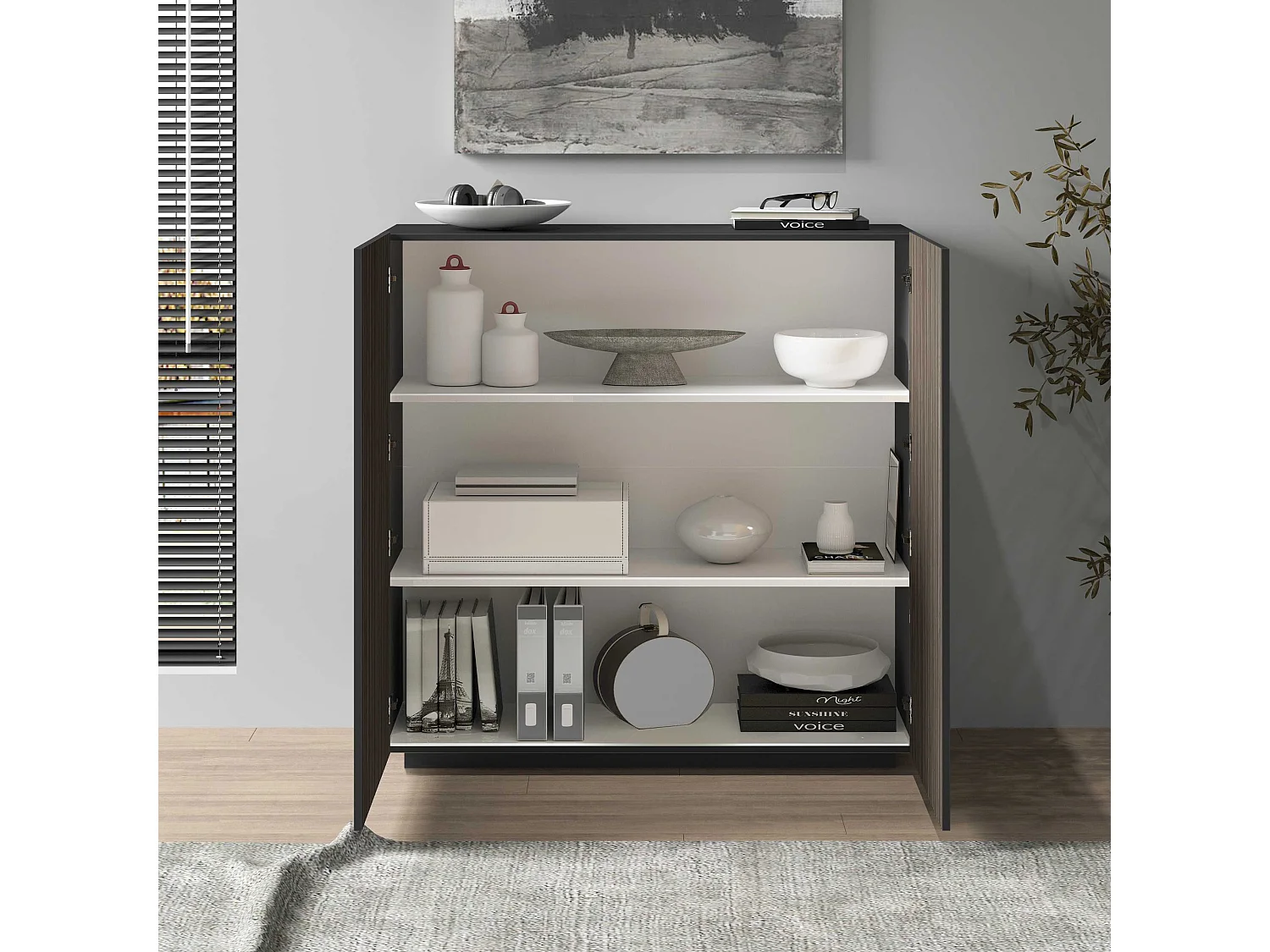 Buffet Coste à 2 portes effet cannelé couleur anthracite mat et bois foncé 120x43x126 cm