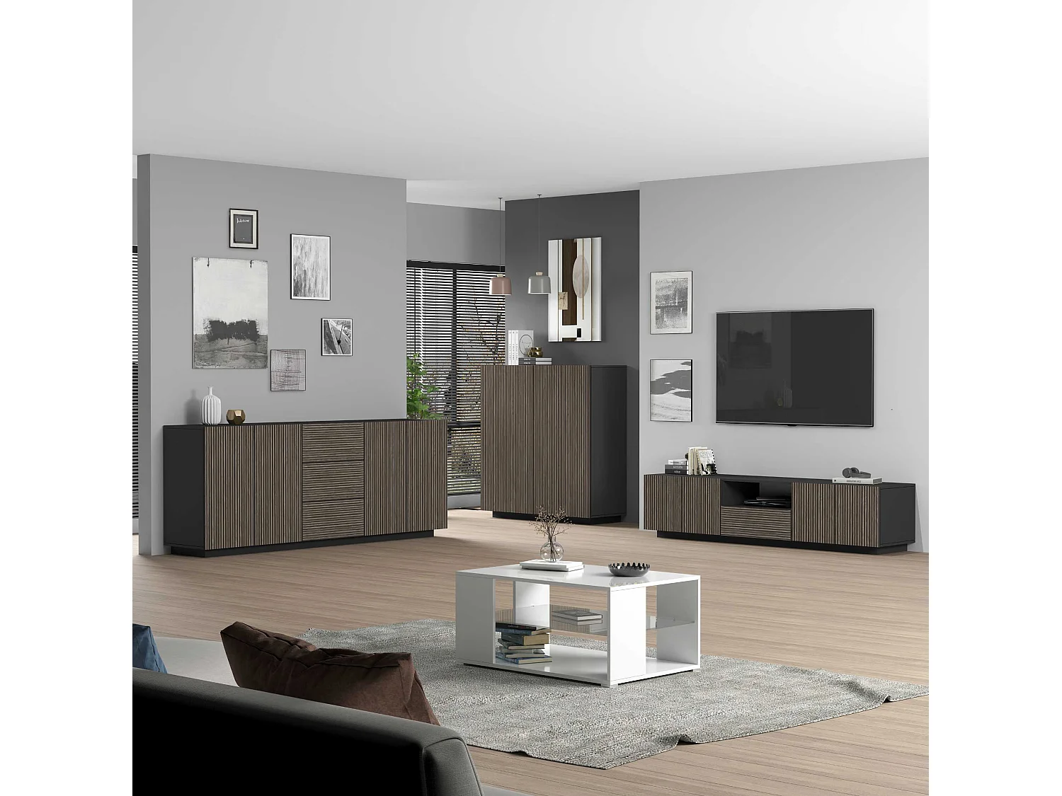 Buffet Coste à 2 portes effet cannelé couleur anthracite mat et bois foncé 120x43x126 cm