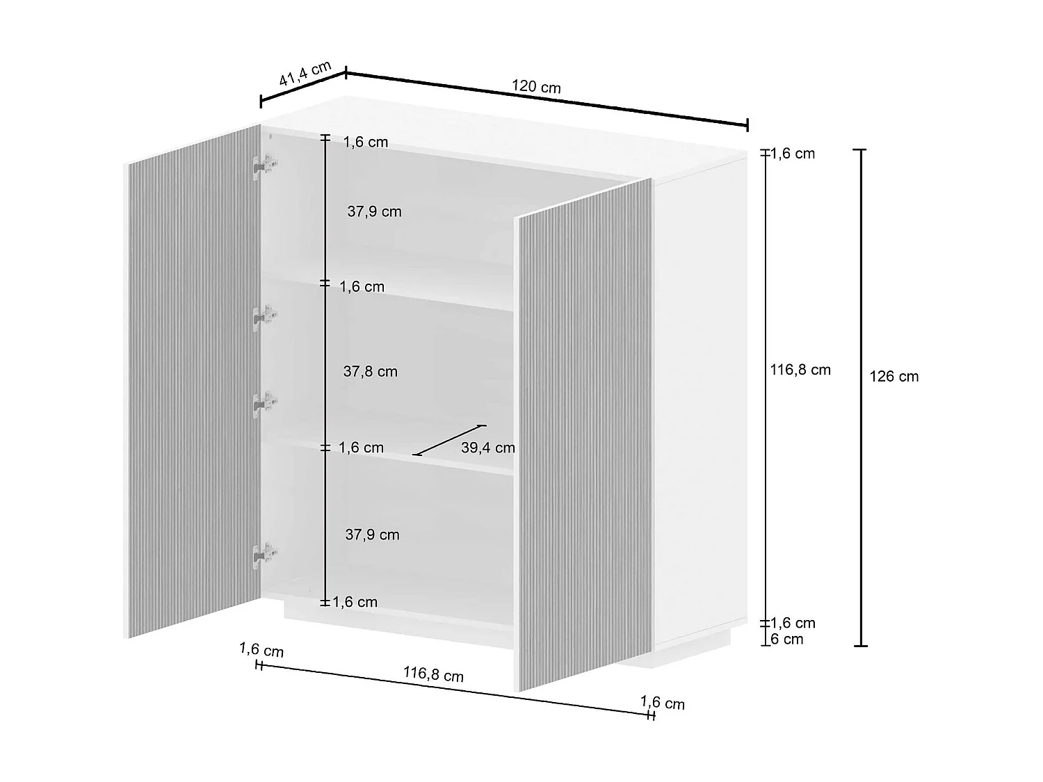 Buffet Coste à 2 portes effet cannelé couleur anthracite mat et bois foncé 120x43x126 cm