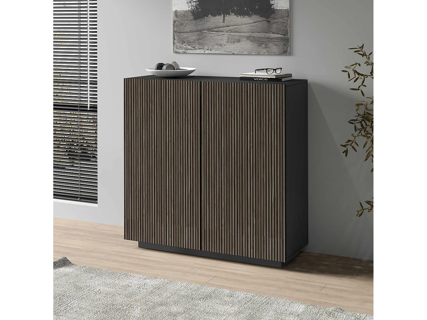 Buffet Coste à 2 portes effet cannelé couleur anthracite mat et bois foncé 120x43x126 cm