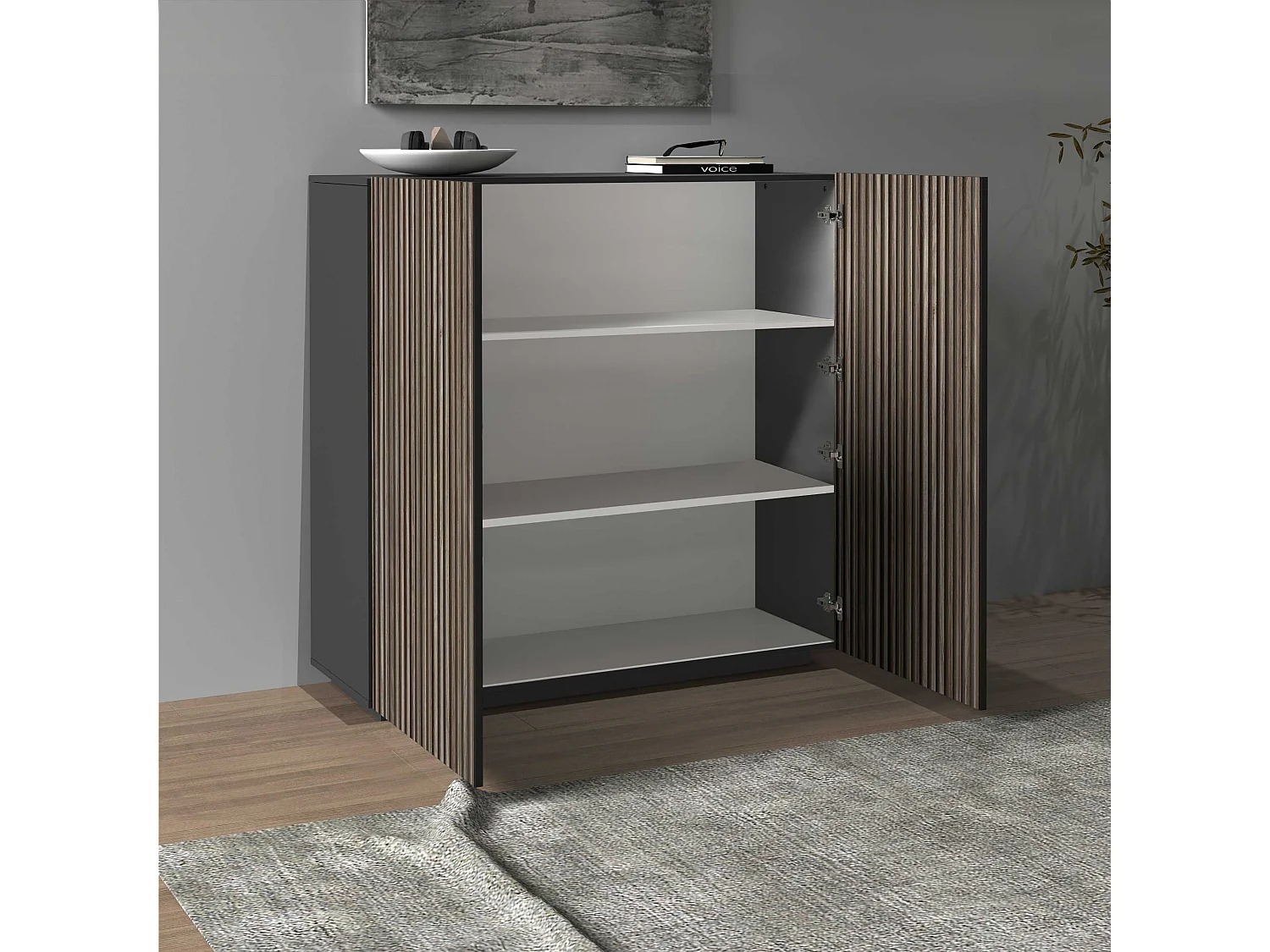 Buffet Coste à 2 portes effet cannelé couleur anthracite mat et bois foncé 120x43x126 cm