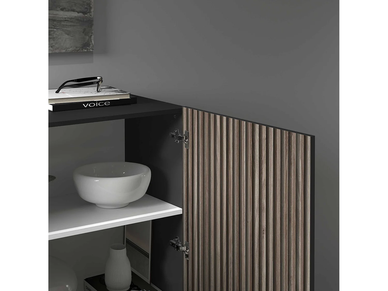 Buffet Coste à 2 portes effet cannelé couleur anthracite mat et bois foncé 120x43x126 cm