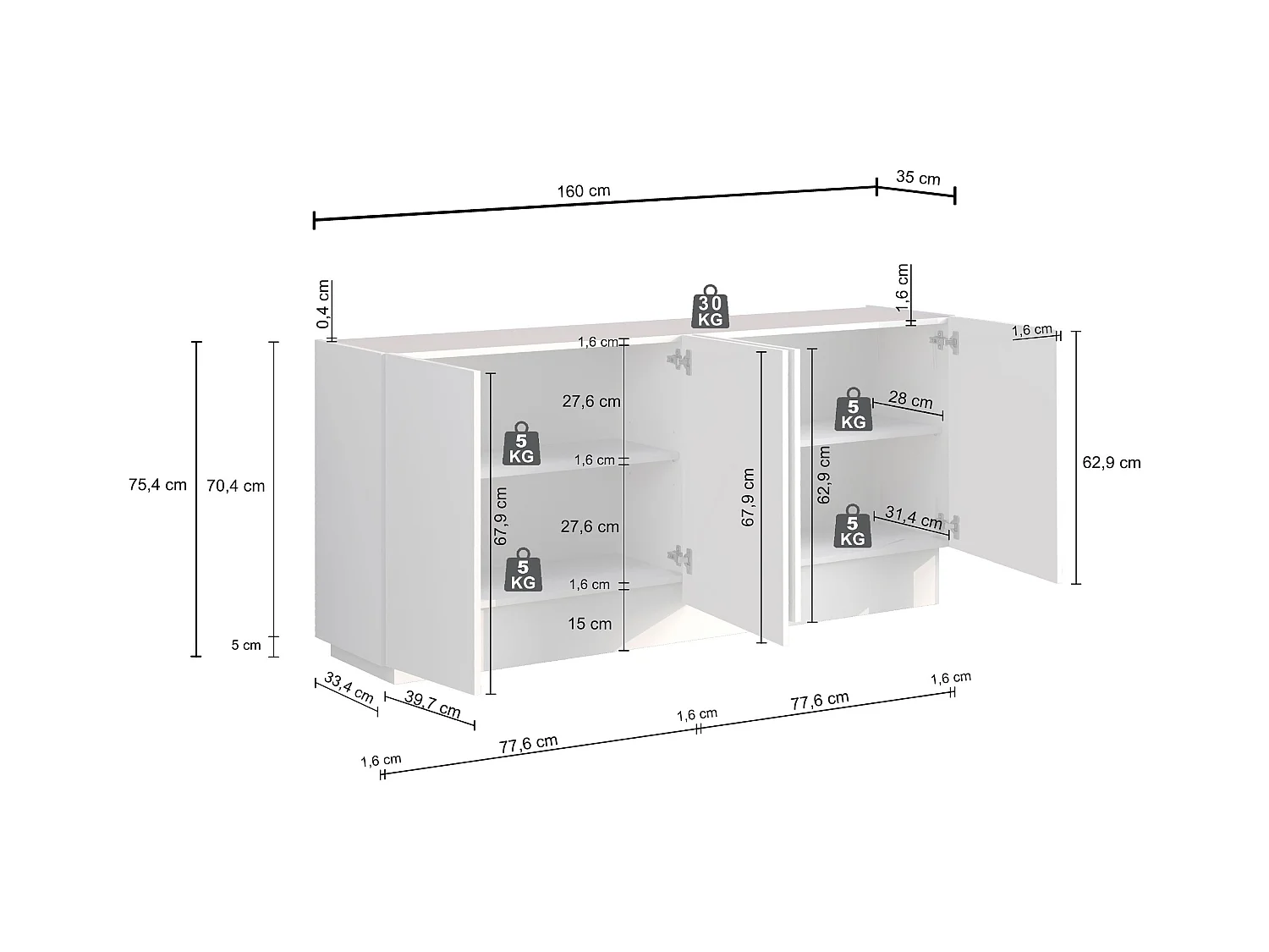 Madia Vela con 4 ante colore bianco lucido 160x35x75,4 cm