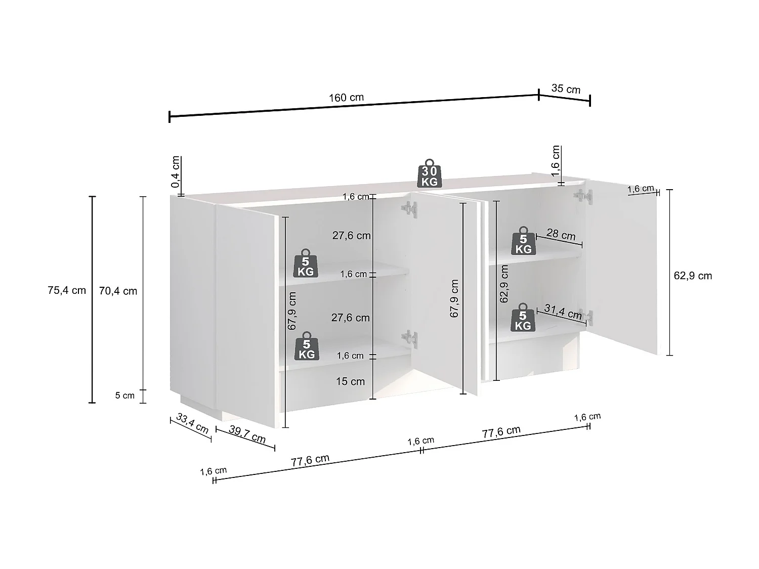 Madia Vela con 4 ante colore bianco lucido 160x35x75,4 cm