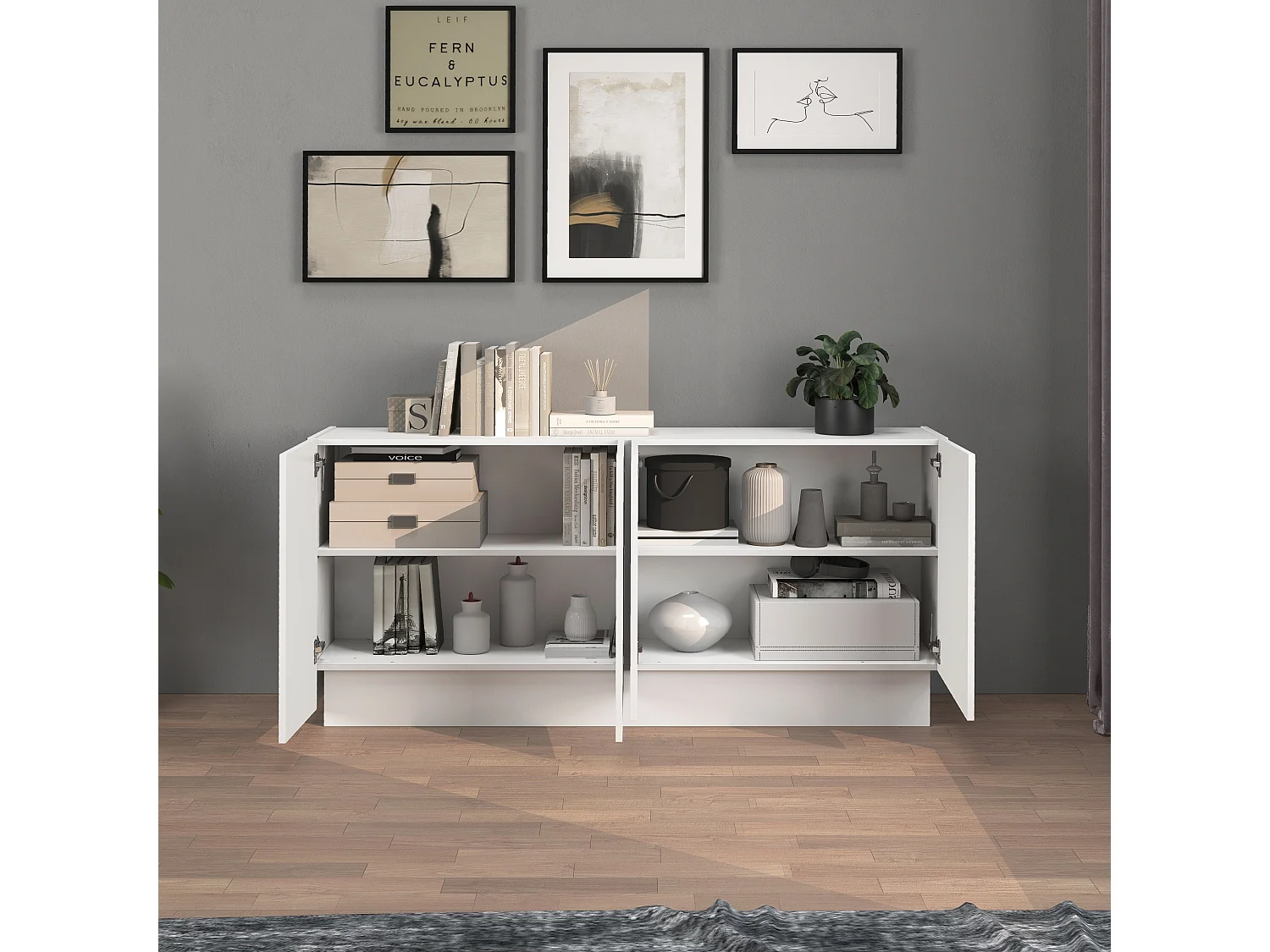 Aparador Vela con 4 puertas en color blanco brillo 160x35x75,4 cm