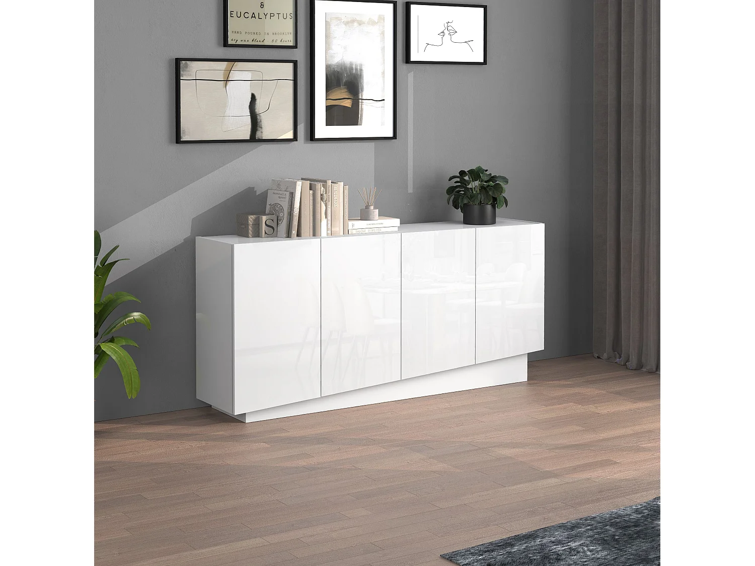 Aparador Vela con 4 puertas en color blanco brillo 160x35x75,4 cm