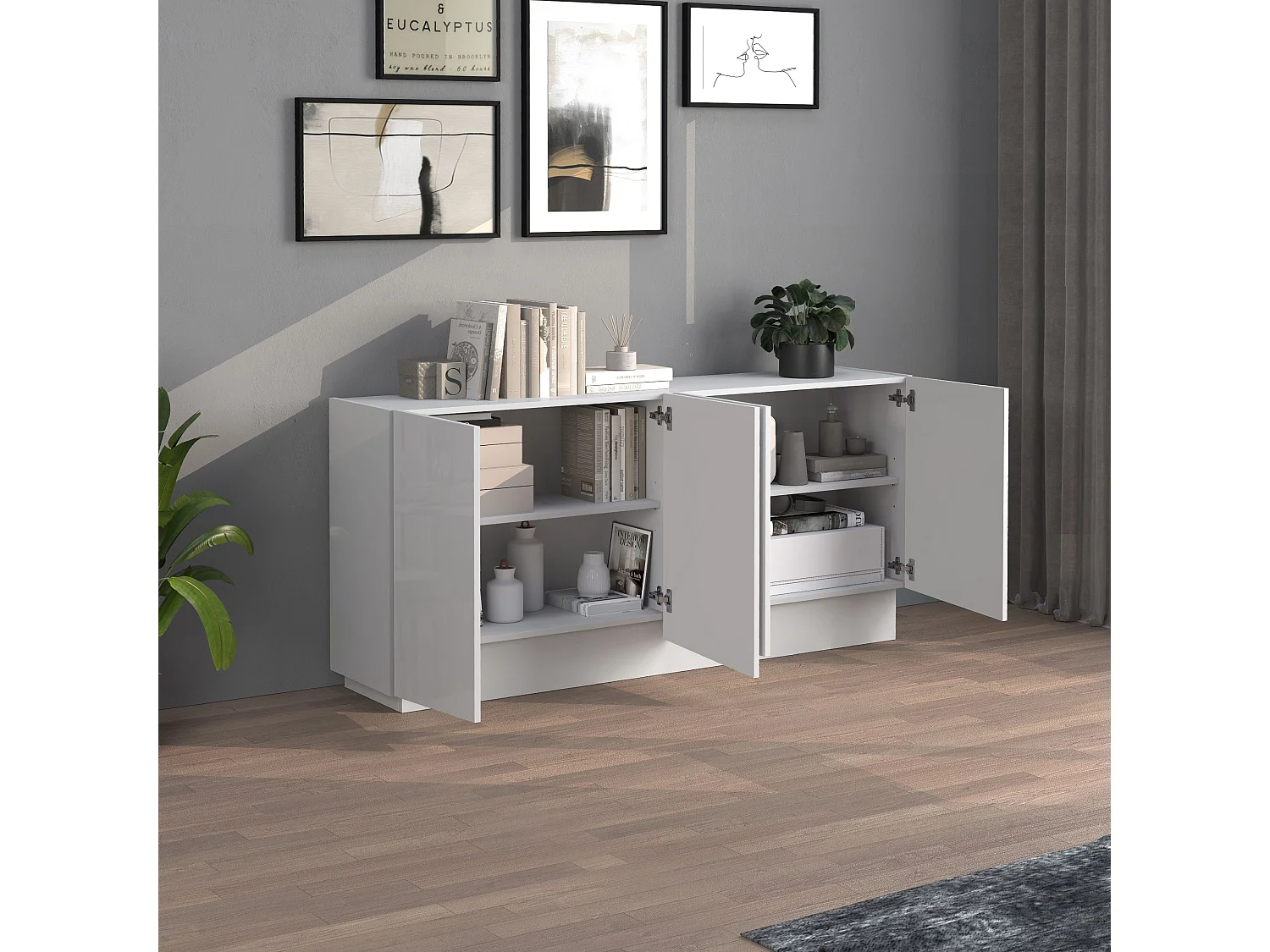 Aparador Vela con 4 puertas en color blanco brillo 160x35x75,4 cm