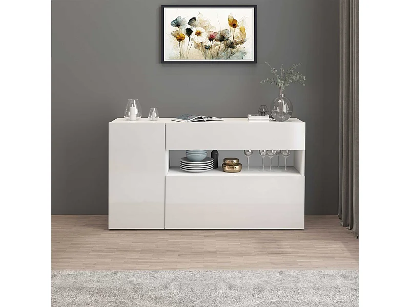 Credenza Potenza con 1 anta 1 ribalta e 1 cassetto bianco lucido 140x40x81 cm