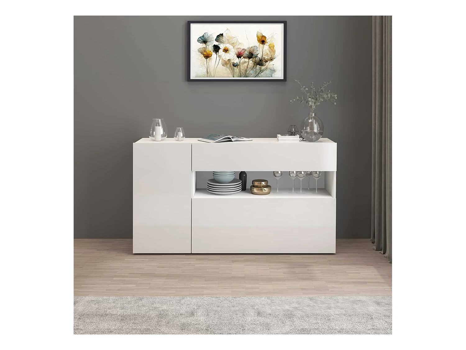 Credenza Potenza con 1 anta 1 ribalta e 1 cassetto bianco lucido 140x40x81 cm