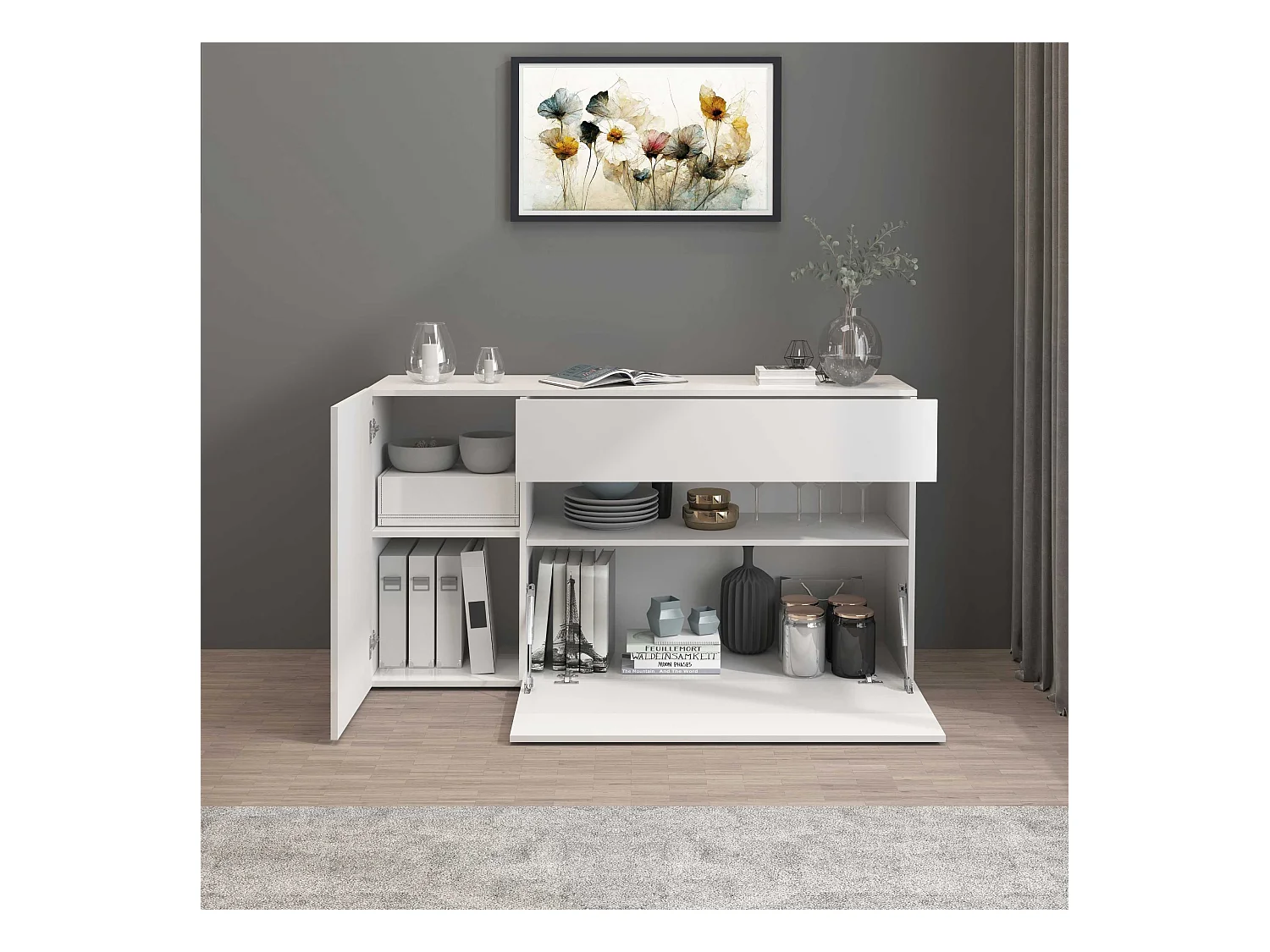 Credenza Potenza con 1 anta 1 ribalta e 1 cassetto bianco lucido 140x40x81 cm