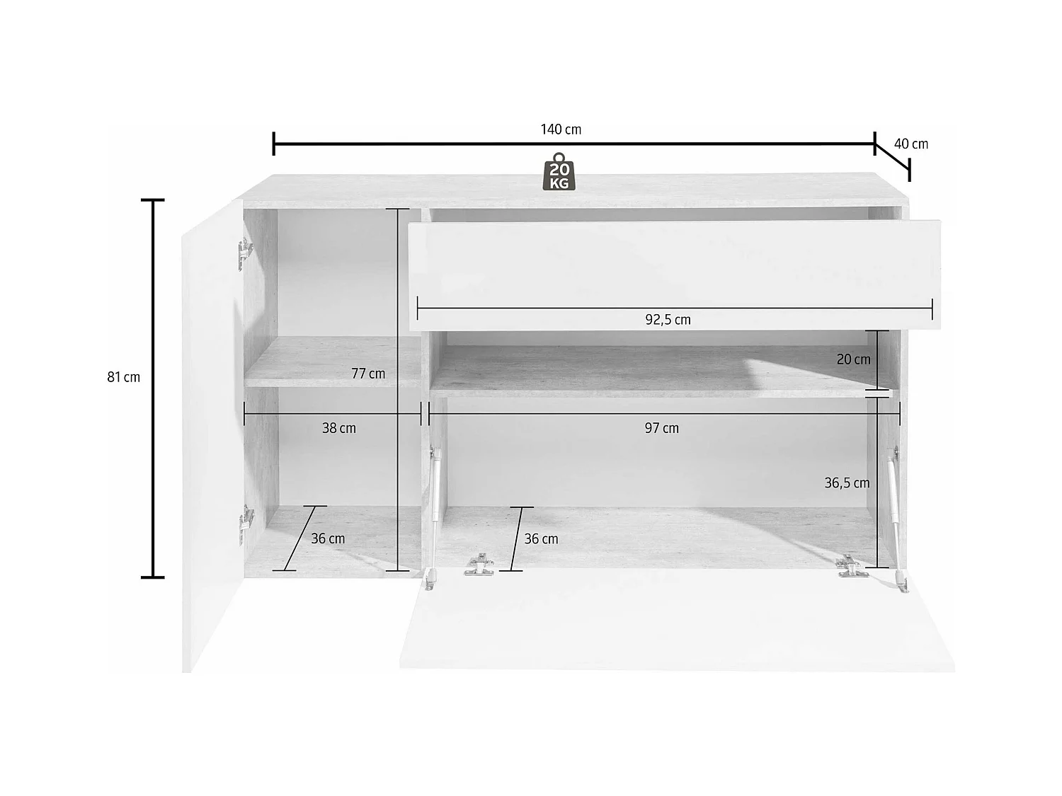 Credenza Potenza con 1 anta 1 ribalta e 1 cassetto bianco lucido 140x40x81 cm
