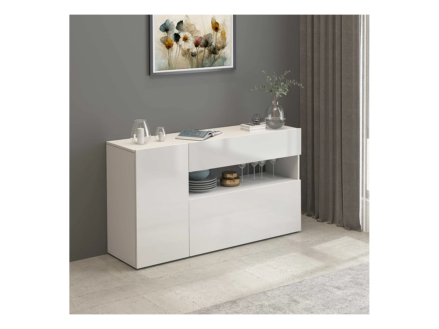 Credenza Potenza con 1 anta 1 ribalta e 1 cassetto bianco lucido 140x40x81 cm