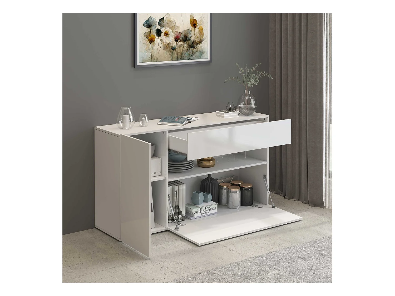 Credenza Potenza con 1 anta 1 ribalta e 1 cassetto bianco lucido 140x40x81 cm
