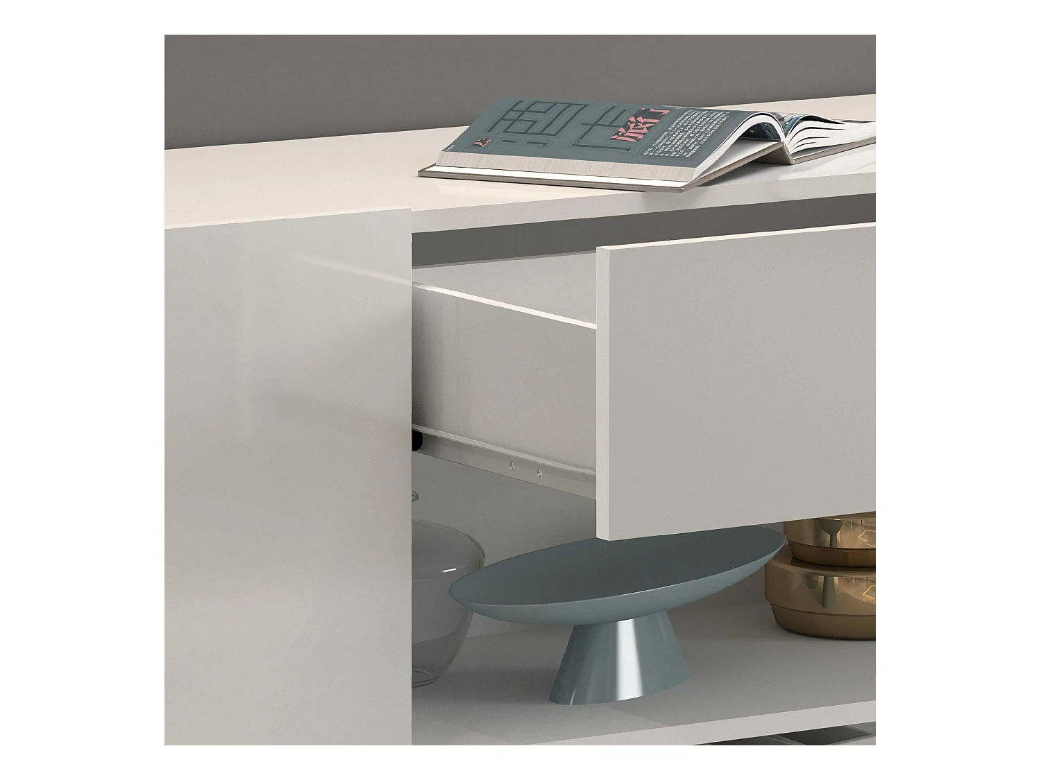 Credenza Potenza con 1 anta 1 ribalta e 1 cassetto bianco lucido 140x40x81 cm