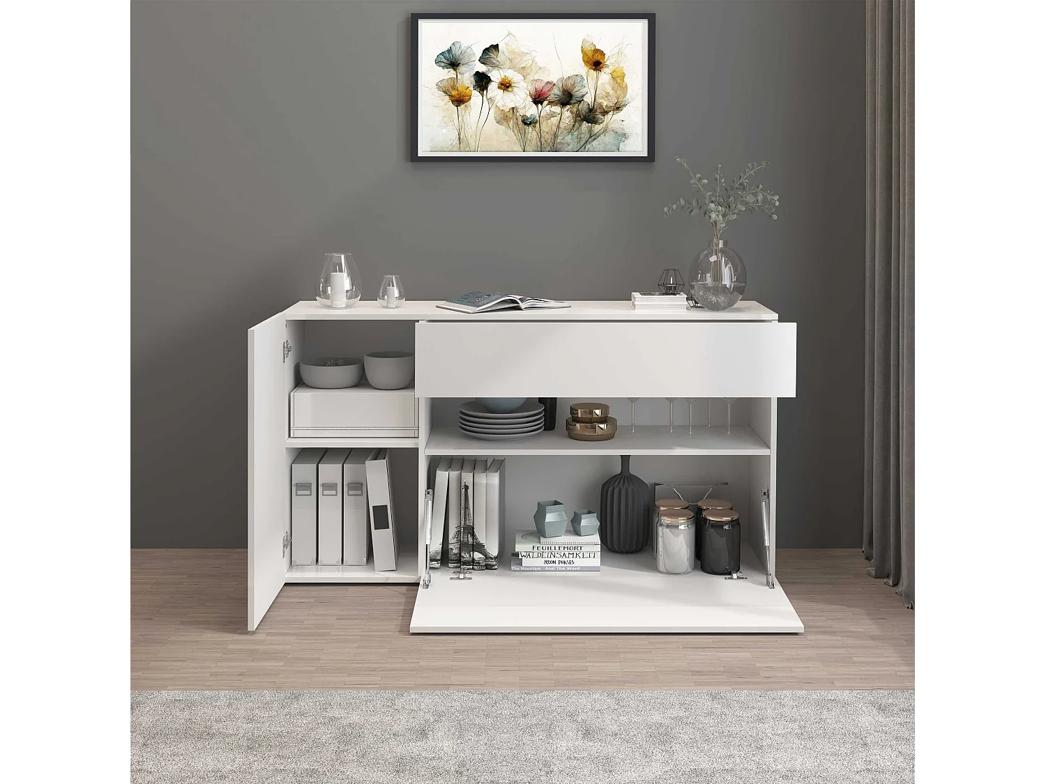 Credenza Potenza con 1 anta 1 ribalta e 1 cassetto bianco lucido 140x40x81 cm