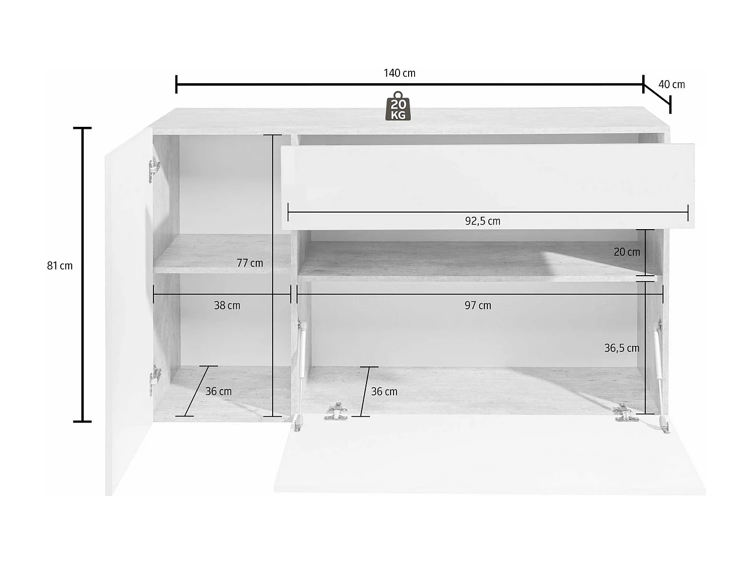 Credenza Potenza con 1 anta 1 ribalta e 1 cassetto bianco lucido 140x40x81 cm